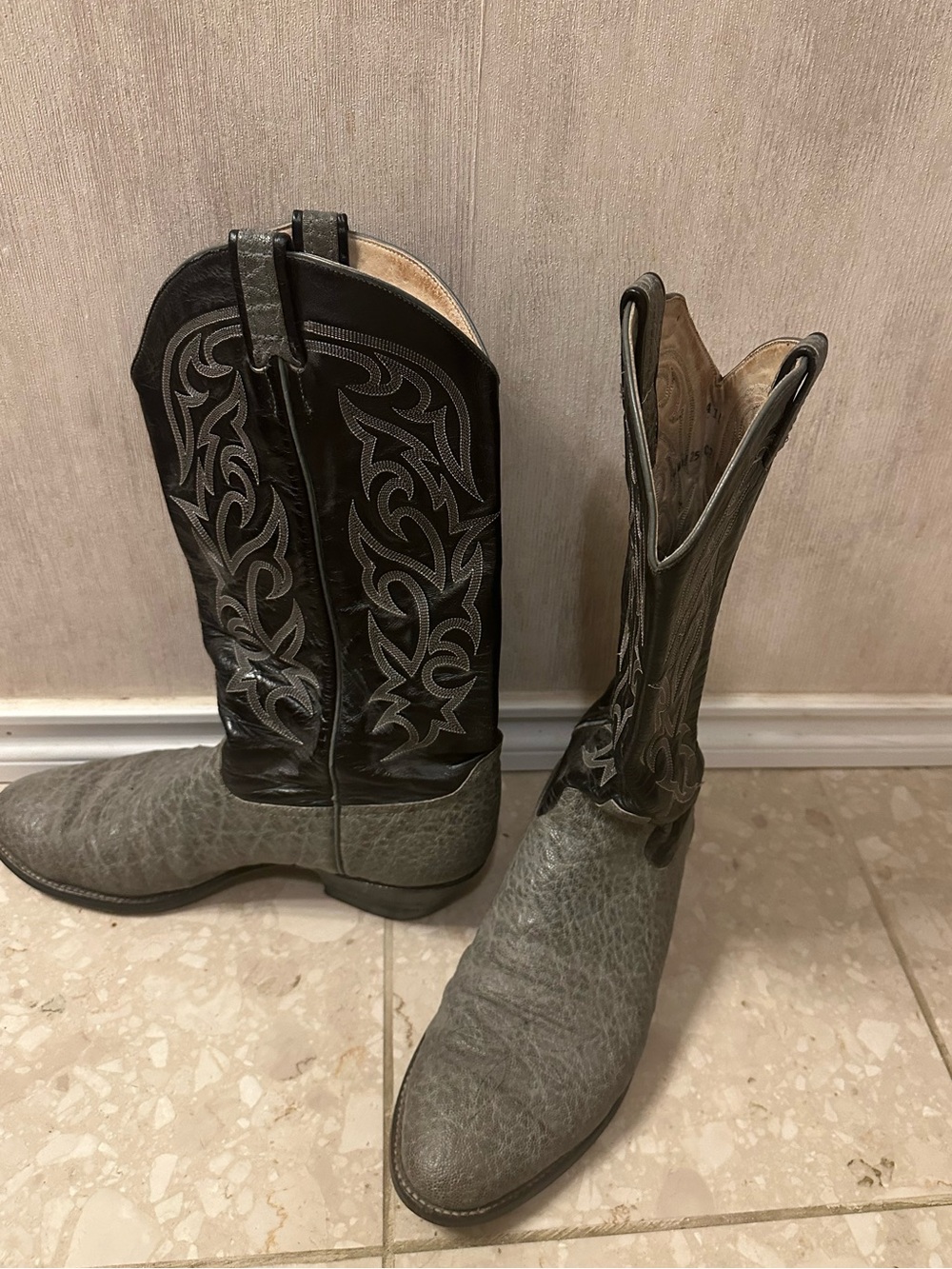 Larry Mahan Gray Elephant Foot with Black Leather Embroidered Shaft Cowboy Boots